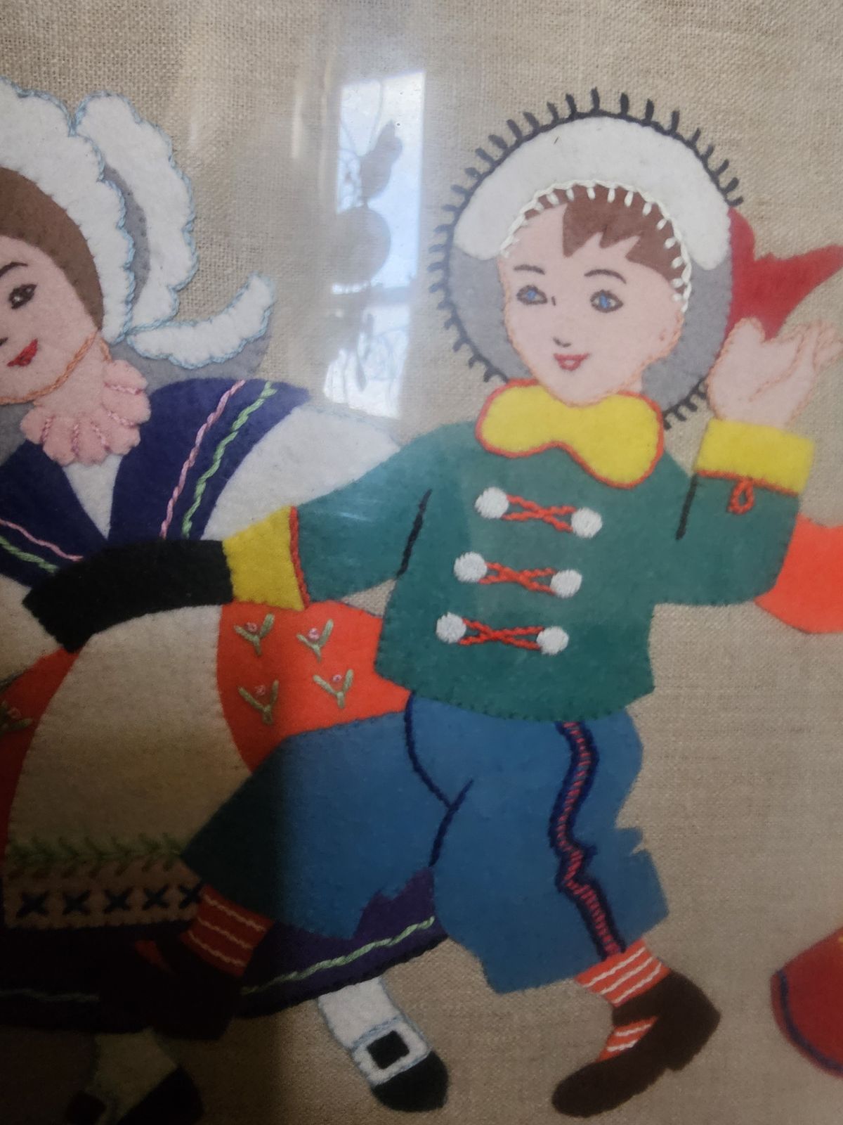 177.0 Hand Made, Rare, Children Of The World, Picture In Felt, Wool And Linen In Vintage Glass And Wood Frameglass photo