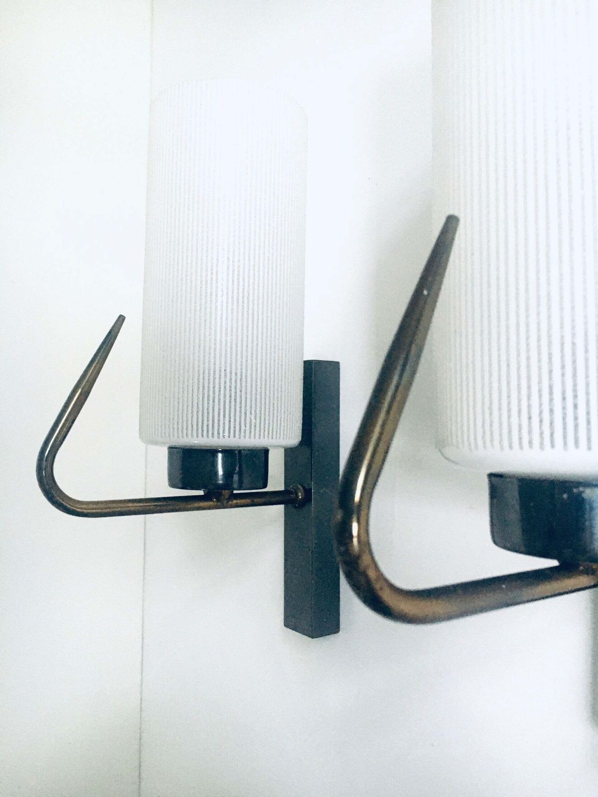 Midcentury Design Brass & Glass Wall Lamp Sconce Set, France 1950's photo vinterior