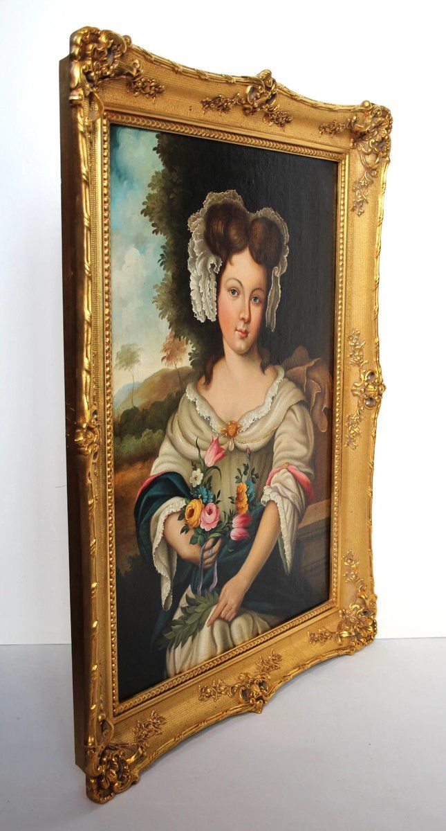 Young Girl With Florals, Early 1800s, Oil On Canvas photo furniture