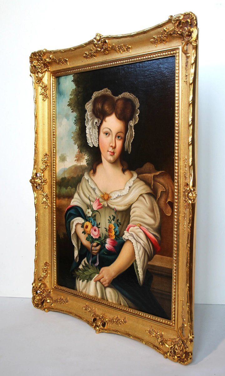 Young Girl With Florals, Early 1800s, Oil On Canvas photo for sale