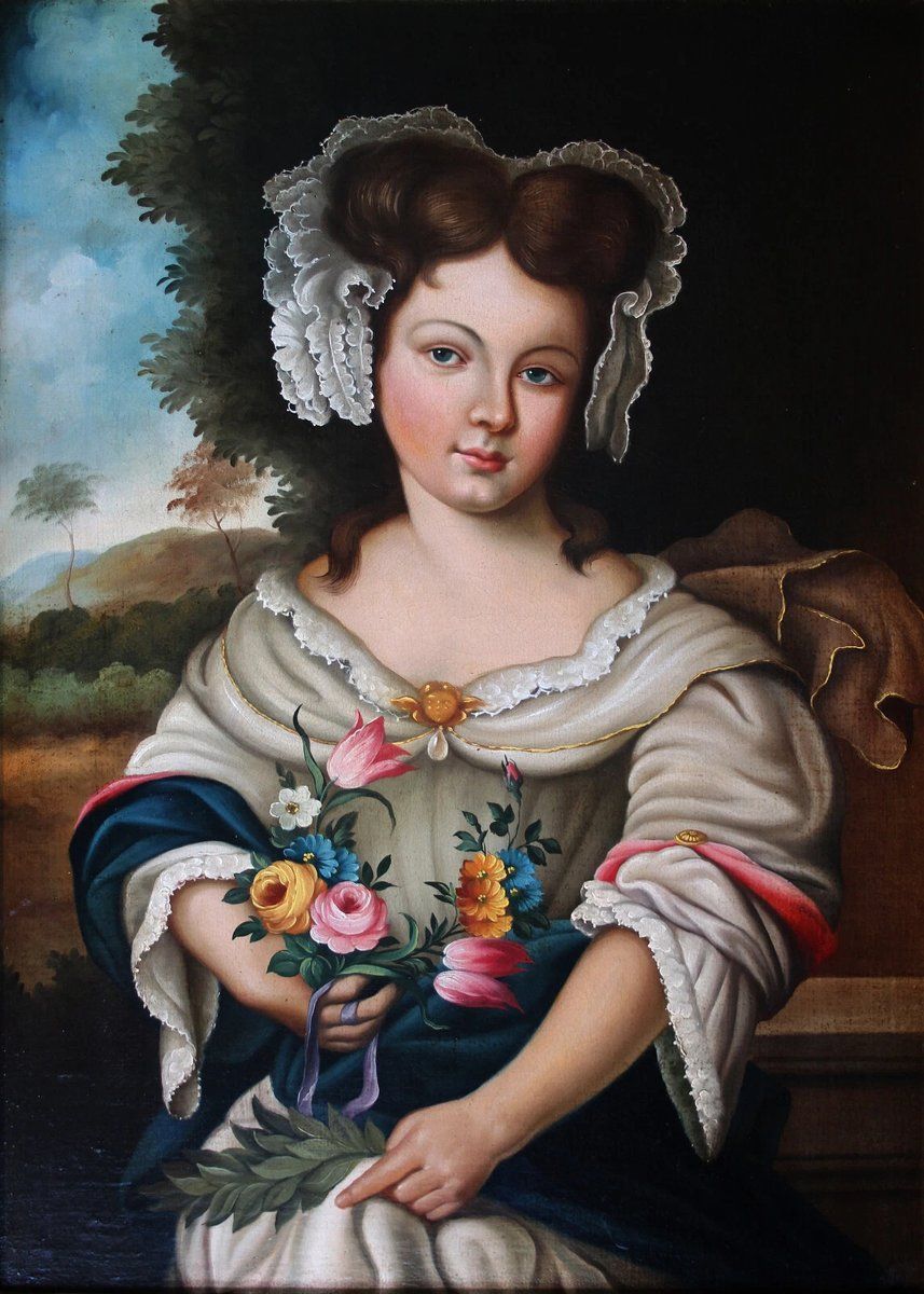 Young Girl With Florals, Early 1800s, Oil On Canvas photo Art