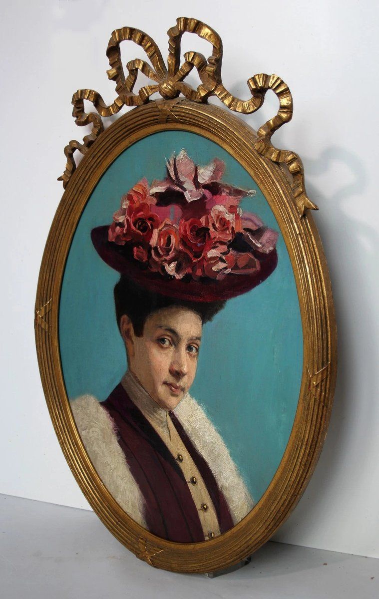 photo vinterior Portrait Of Lady With Hat, 1800s, Oil Painting, Framed