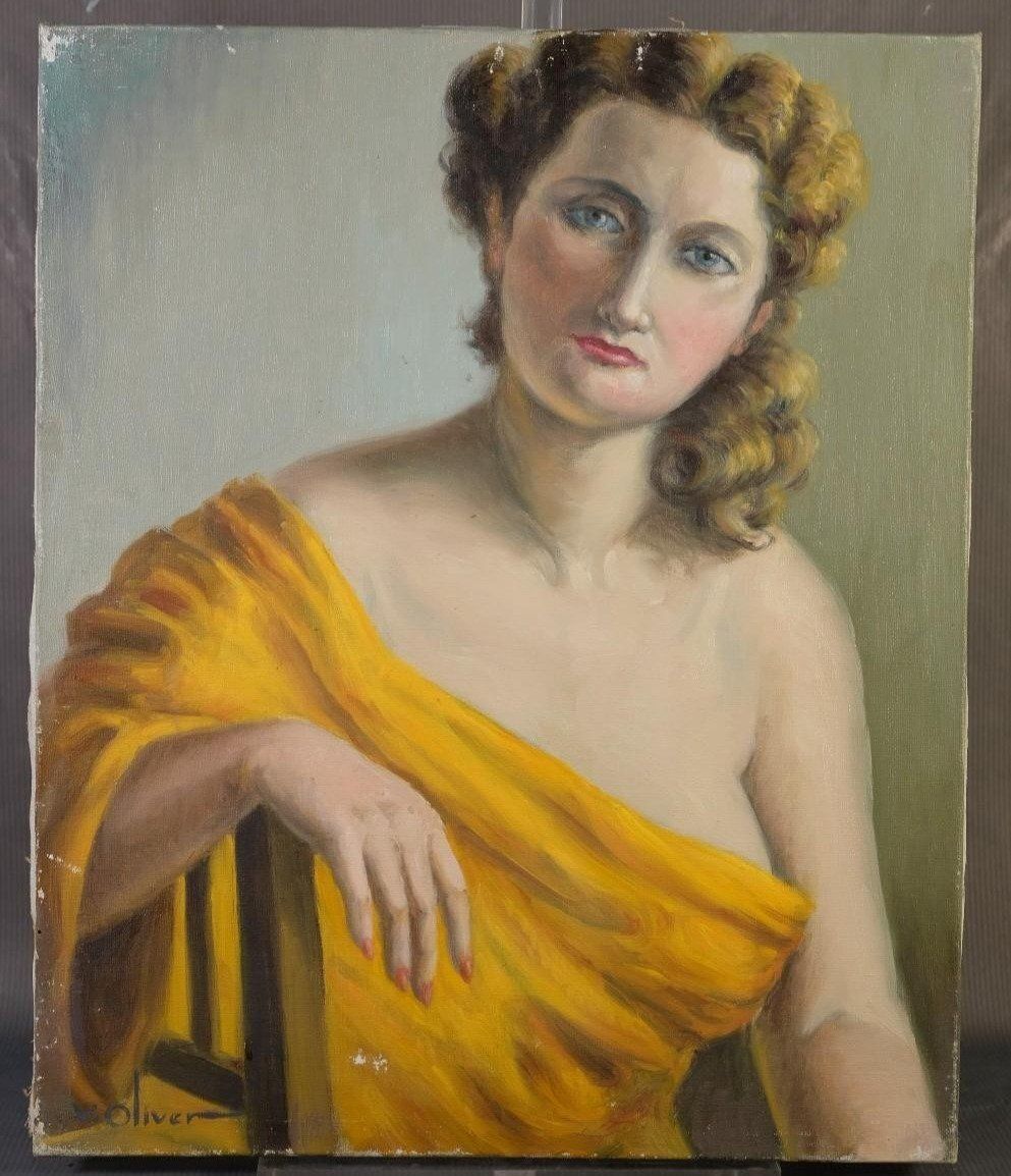 Woman In Yellow Drapery, 1960s, Oil On Canvas photo furniture