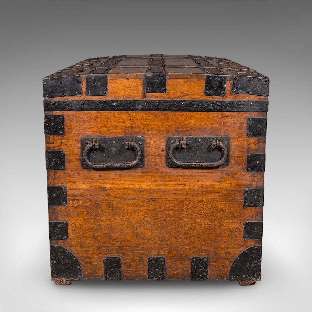 Large Antique Silver Chest, English, Oak, Iron Bound, Shipping Trunk, Victorian photo Furniture