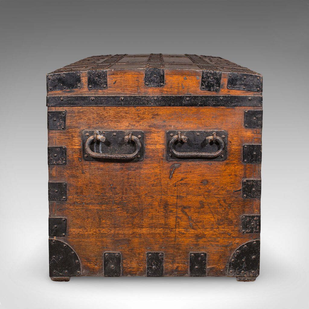 Large Antique Silver Chest, English, Oak, Iron Bound, Shipping Trunk, Victorian photo vinterior