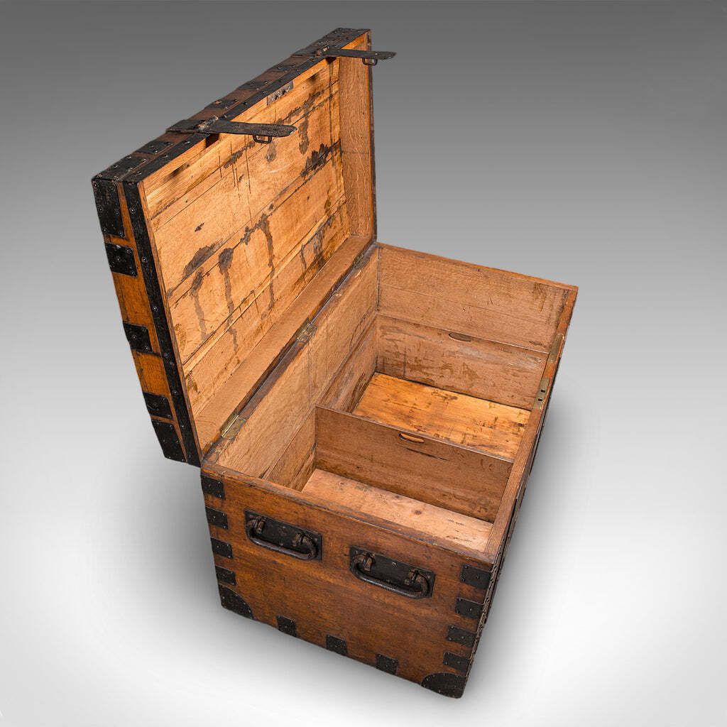 Large Antique Silver Chest, English, Oak, Iron Bound, Shipping Trunk, Victorian photo vintage