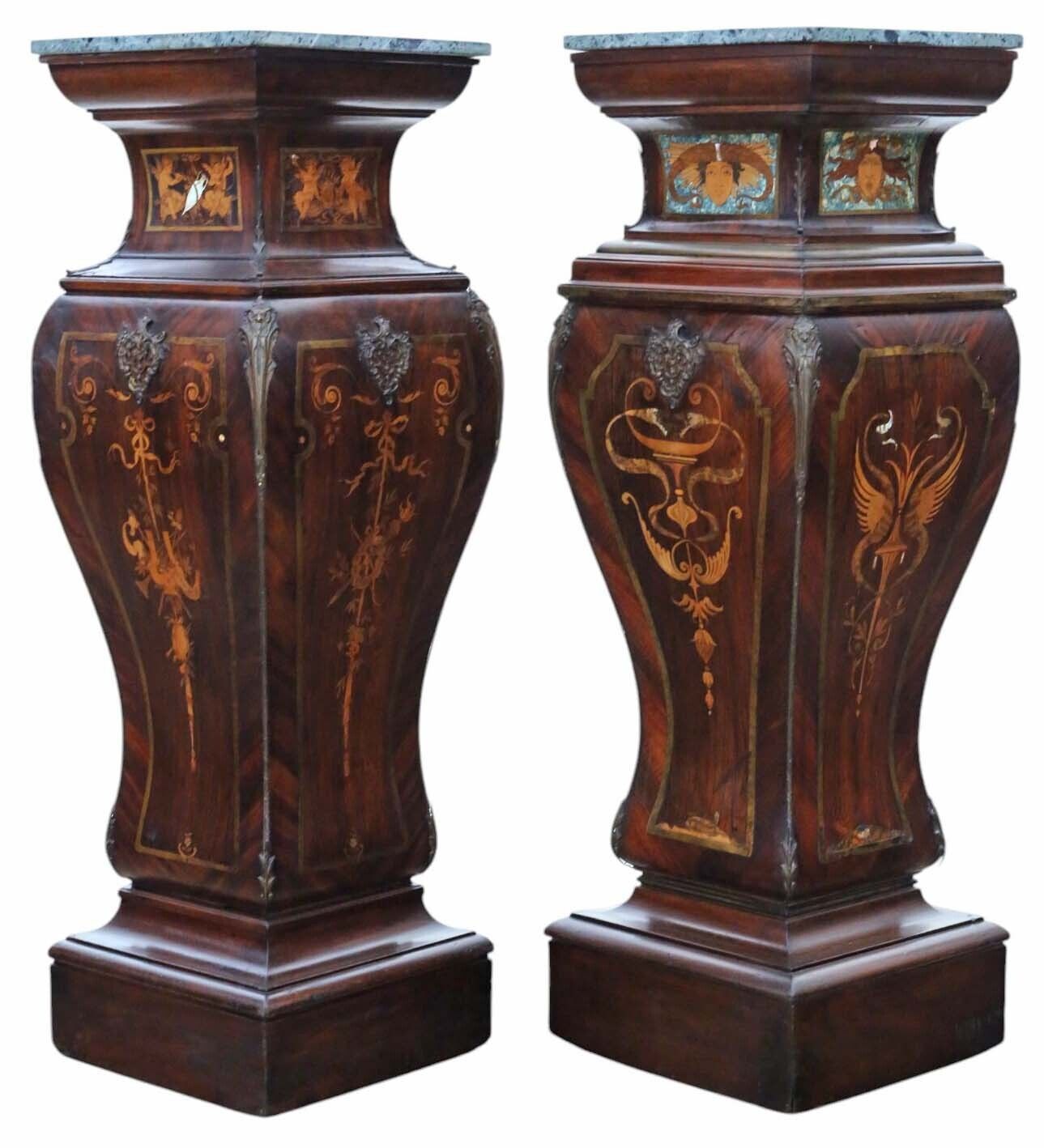 Antique Large Pair Of 19th Century Neoclassical Jardiniere Statue Stands – Marquetry Pedestal Tables With Ormolu Mounts And Topped With Marble