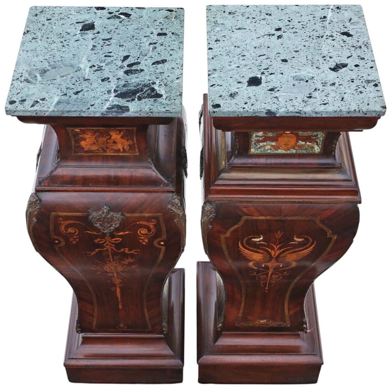 Antique Large Pair Of 19th Century Neoclassical Jardiniere Statue Stands – Marquetry Pedestal Tables With Ormolu Mounts And Topped With Marble photo for sale