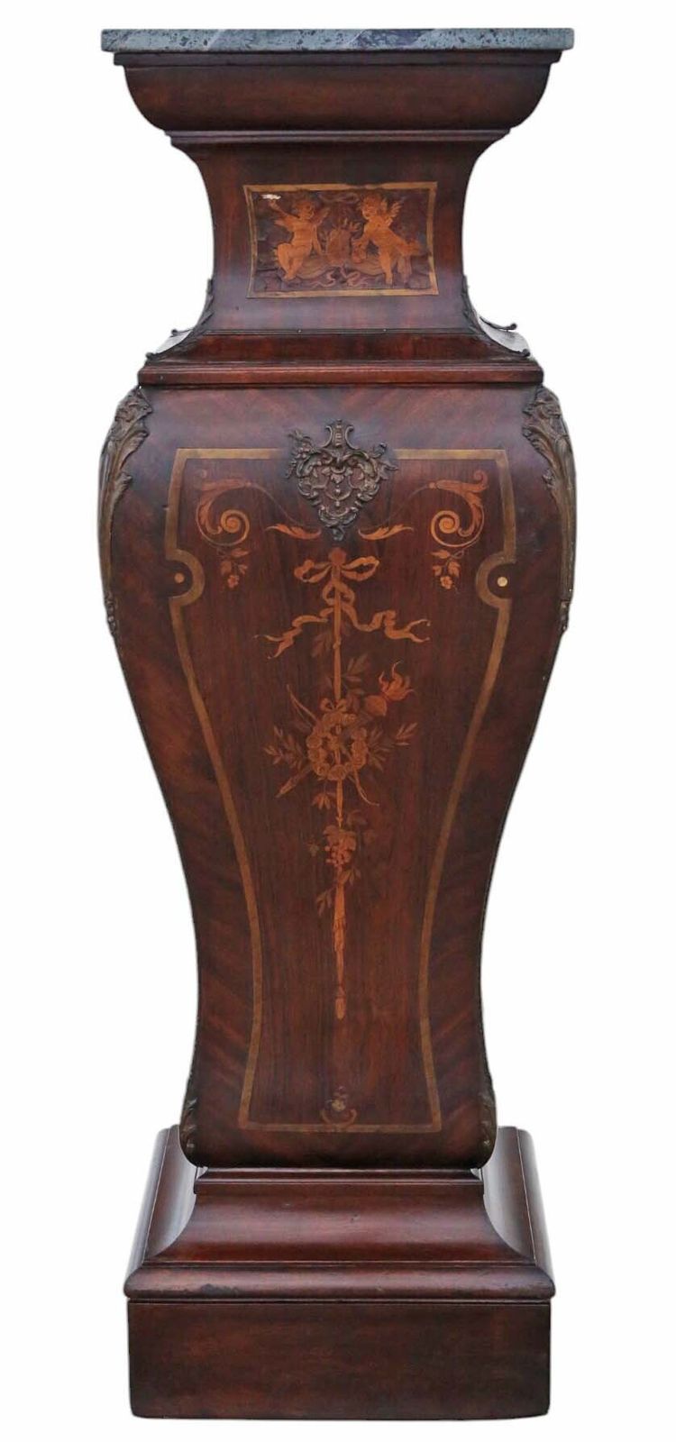 Antique Large Pair Of 19th Century Neoclassical Jardiniere Statue Stands – Marquetry Pedestal Tables With Ormolu Mounts And Topped With Marble photo vinterior