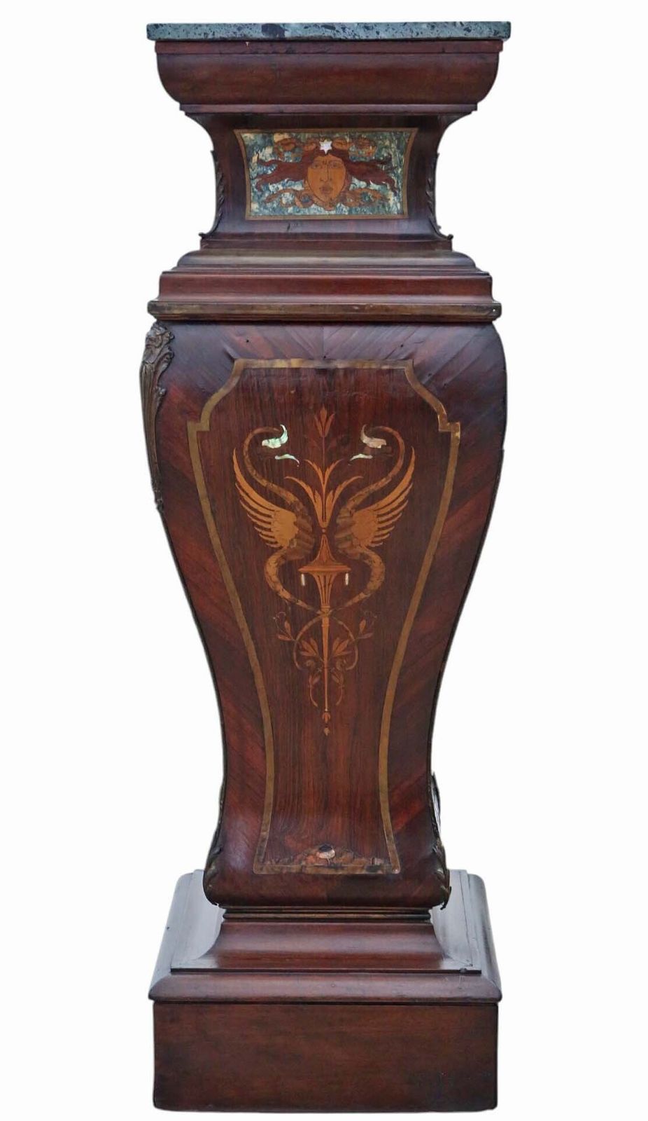 photo furniture Antique Large Pair Of 19th Century Neoclassical Jardiniere Statue Stands – Marquetry Pedestal Tables With Ormolu Mounts And Topped With Marble