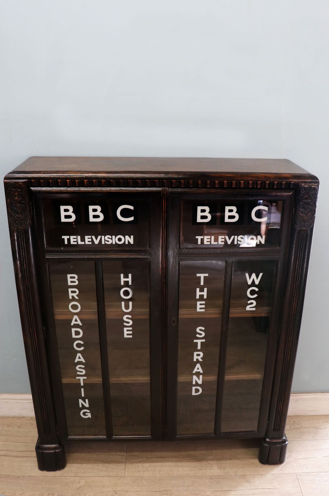 A Wonderful Traditional Oak Veneered Cabinet, Hand Sign Written With Detail For The British Broadcasting Company.