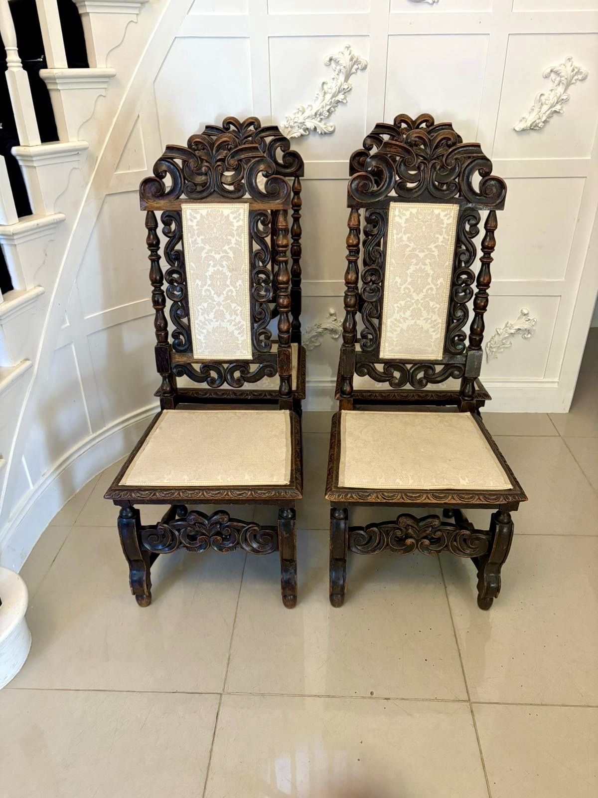 Antique 19th Century Quality Set Of 4 Carved Oak Dining Chairs