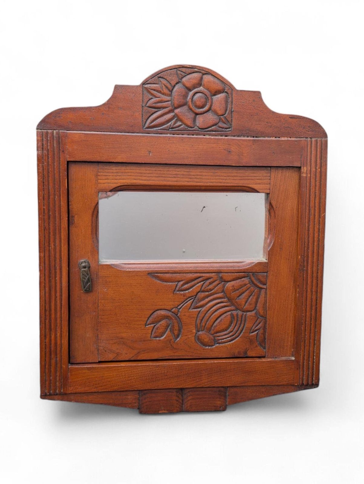 Large Art Nouveau Carved Oak Wall Cabinet With Mirror – Floral Motif –1920s photo furniture