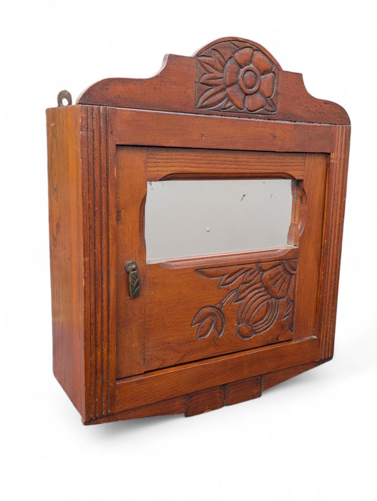 Large Art Nouveau Carved Oak Wall Cabinet With Mirror – Floral Motif –1920s photo for sale