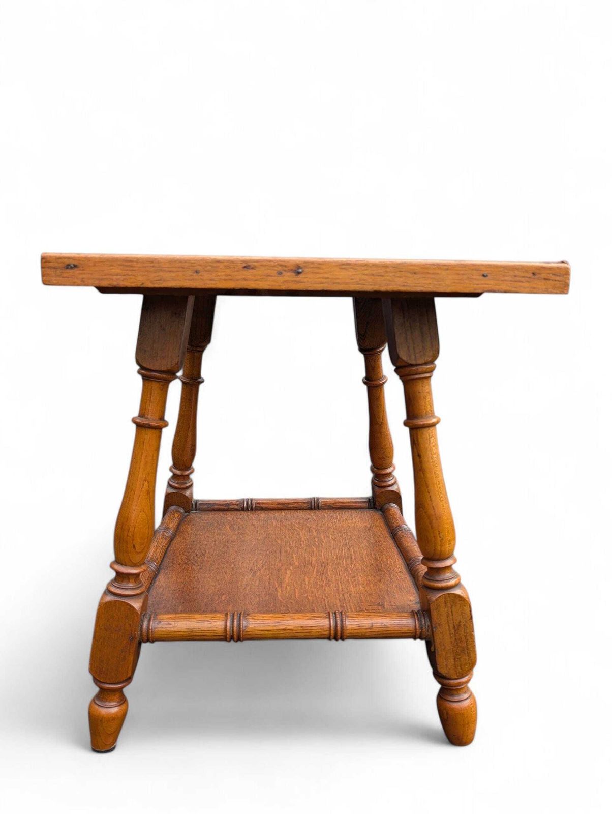 photo vinterior Rustic Oak Side Table: Arts & Crafts Plant Stand With Faux Bamboo, 1930s
