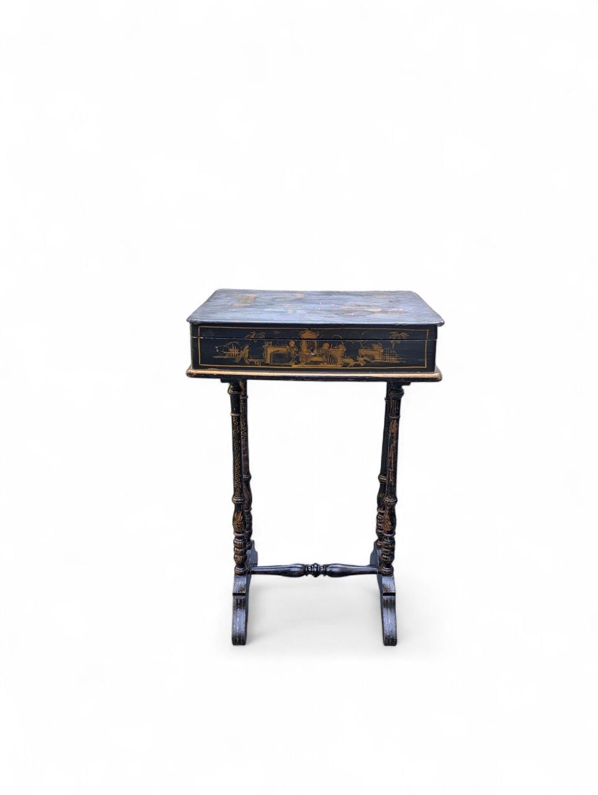 Antique French Chinoiserie Sewing Table / Work Table, Ca. 1869, Lacquer With Newspaper Detail photo furniture