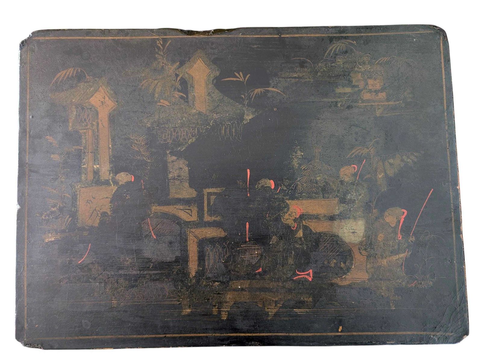 Antique French Chinoiserie Sewing Table / Work Table, Ca. 1869, Lacquer With Newspaper Detail photo vintage