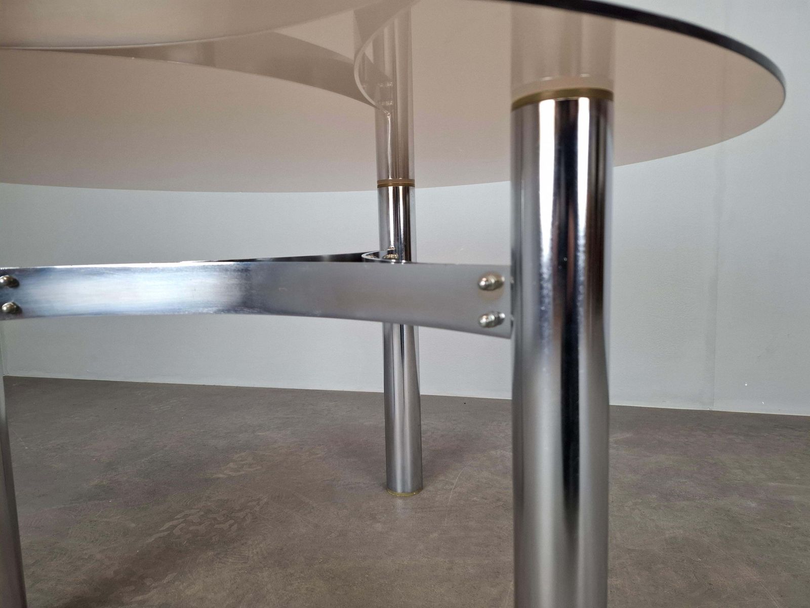 Furniture Midcentury Czechoslovak Smoked Glass Coffee Table, Chrome Metal, 1970s photo