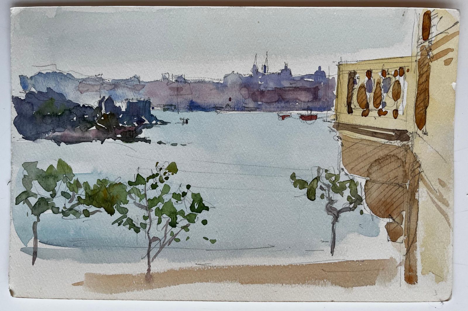 Pierre Neveuharbour View With Trees Balcony And Distant Cityscape French Watercolor photo furniture