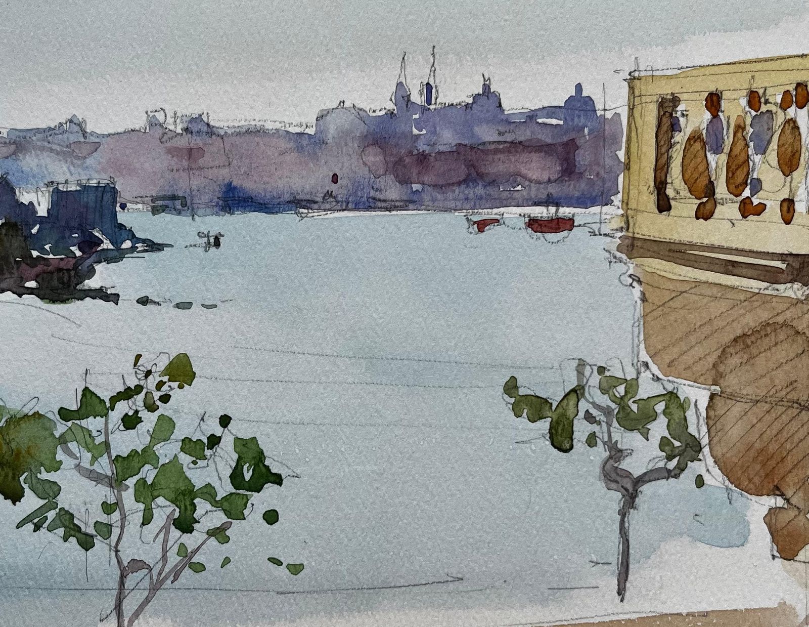 Pierre Neveuharbour View With Trees Balcony And Distant Cityscape French Watercolor photo buy