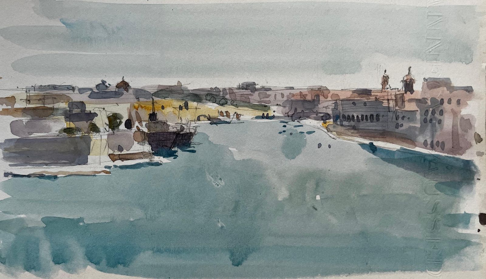 Pierre Neveumalta Valletta Harbour Coastal Cityscape Watercolor Gouache Pierre Neveu