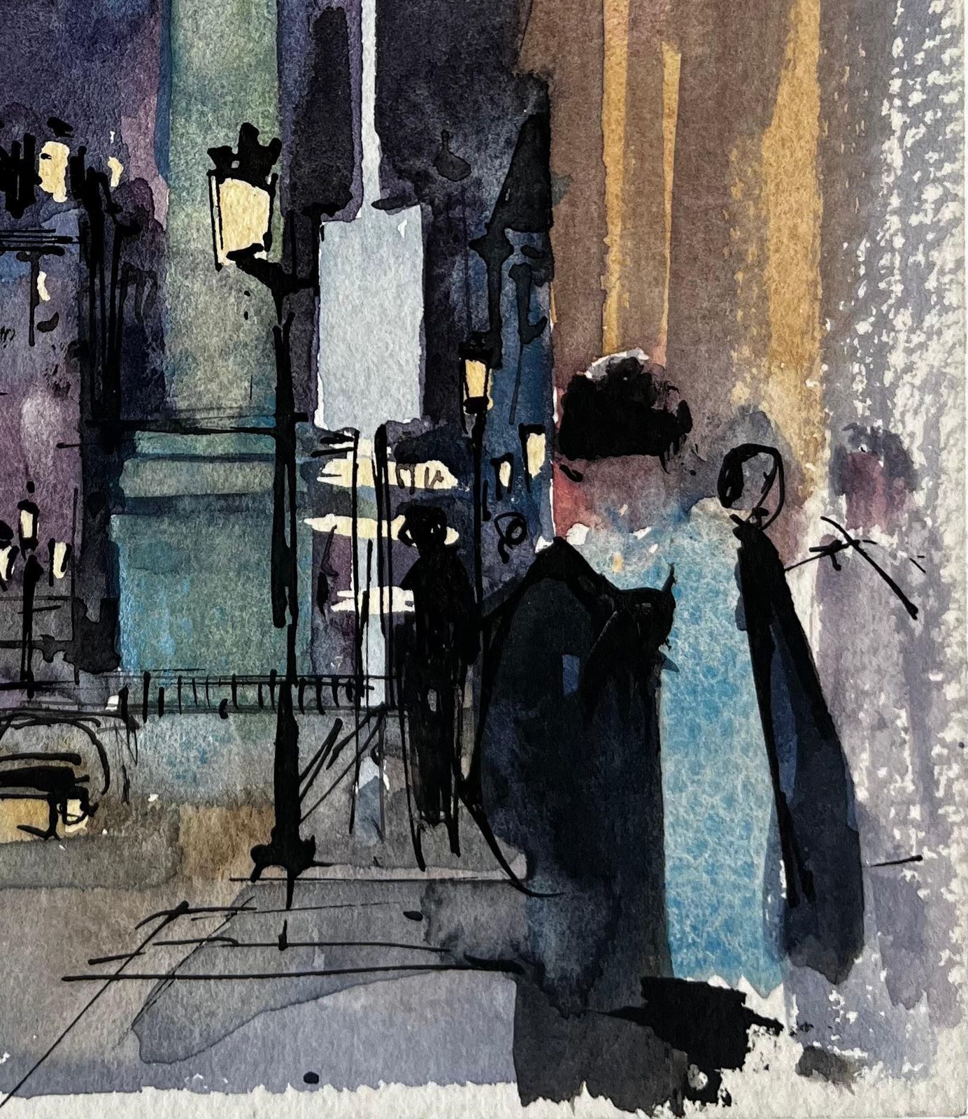 Pierre Neveuparisian City Square At Night With Column And Figures French Watercolor photo for sale