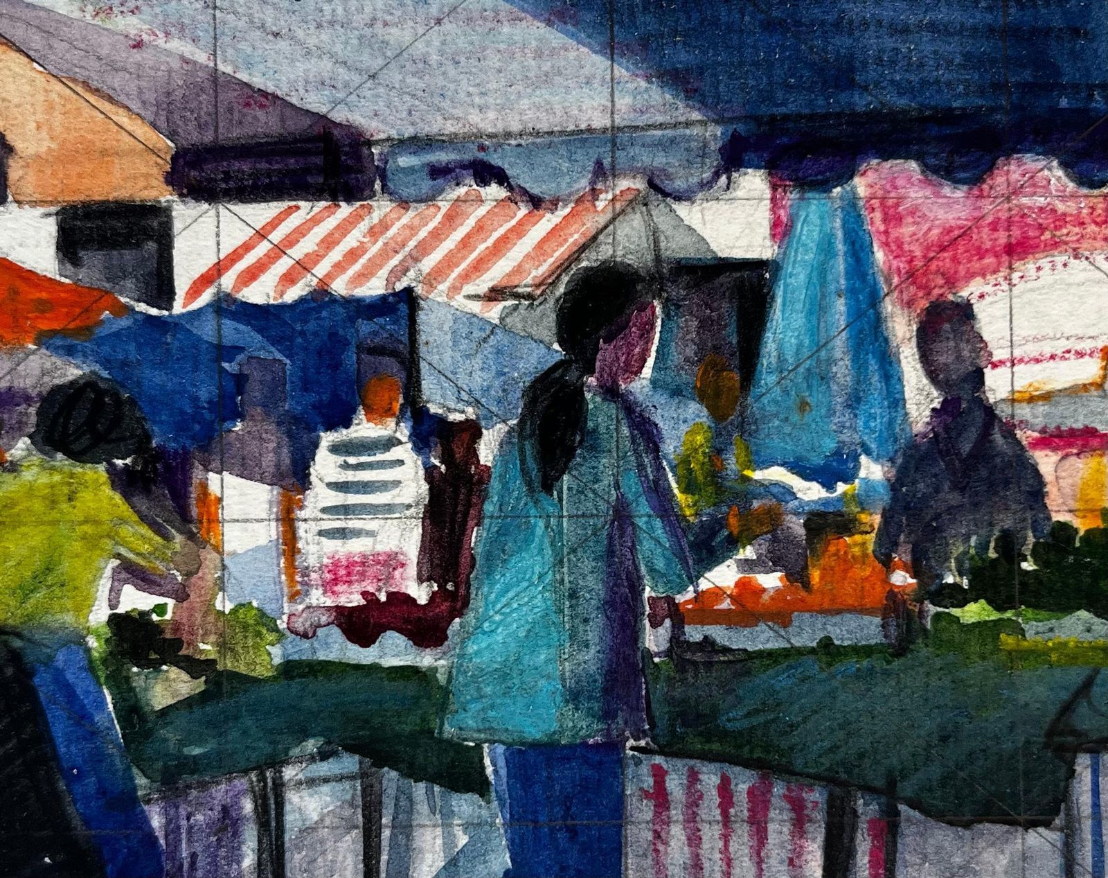 Pierre Neveufrench Market Scene With Figures Stalls And Awnings Modernist Watercolor photo buy