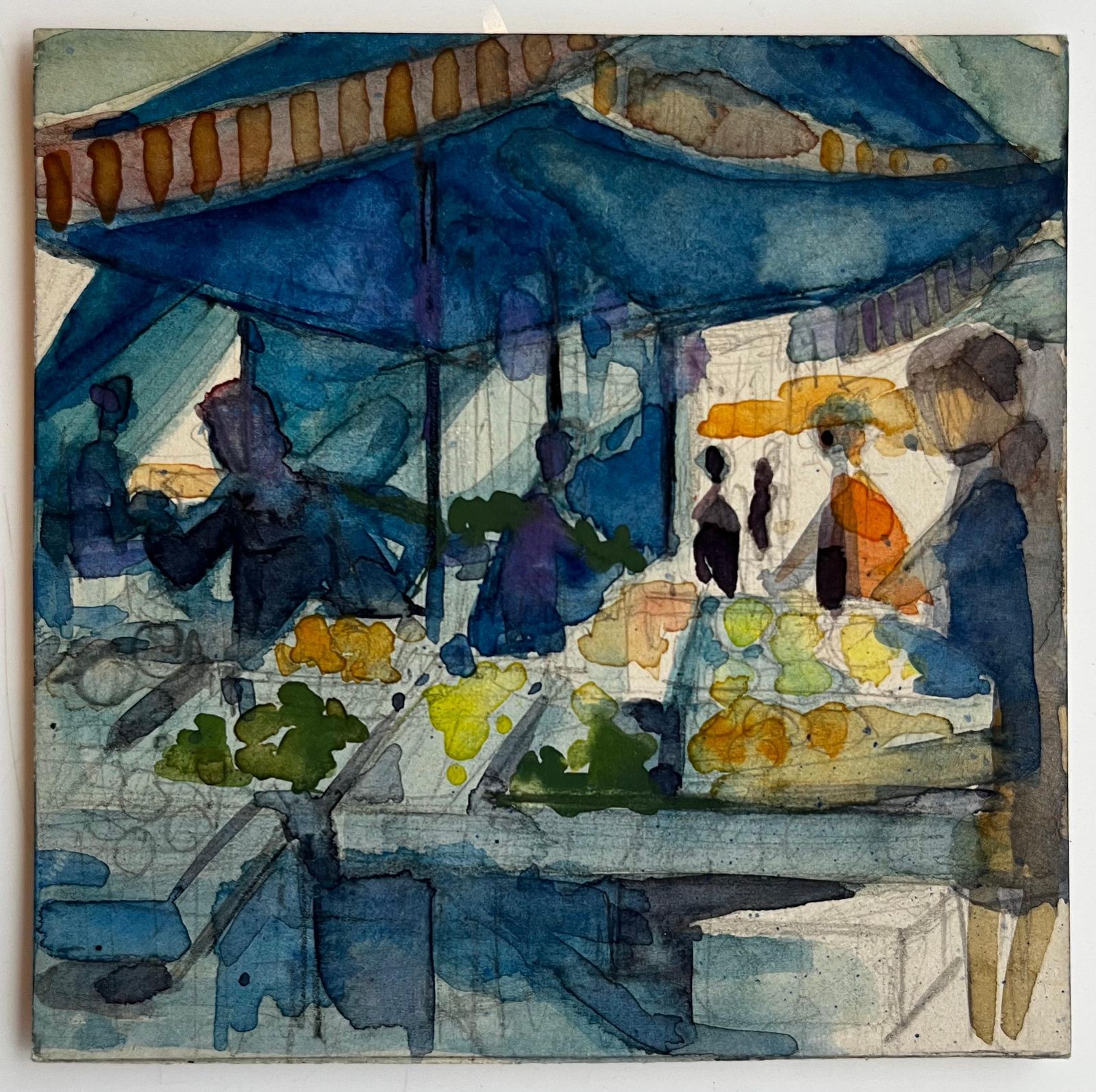Pierre Neveufrench Market Stall Scene With Figures Under Awning Modern Watercolor photo furniture