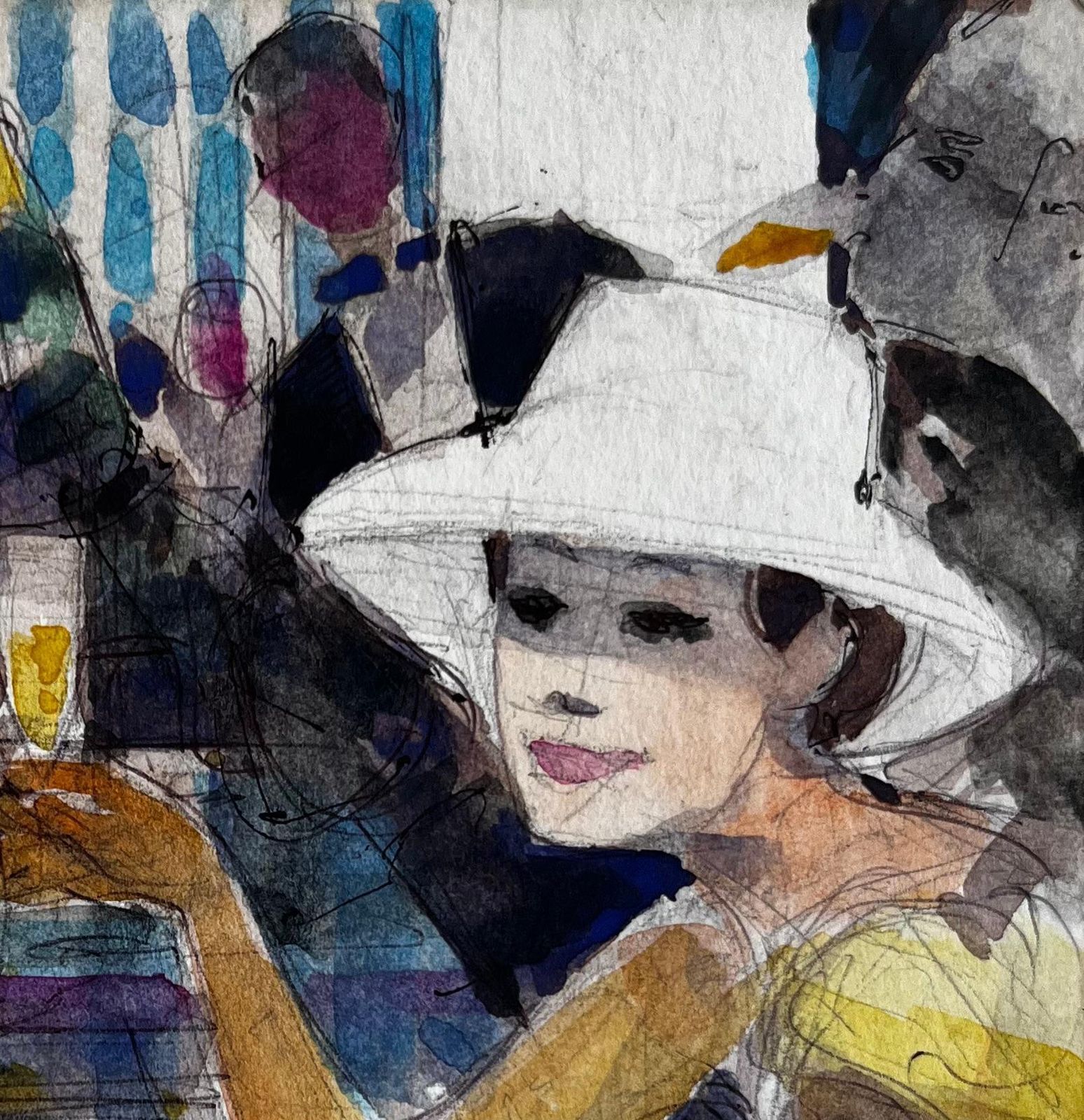 Pierre Neveumodern Cafe Scene With Figures Wine Bottles And White Hat French Watercolor photo furniture