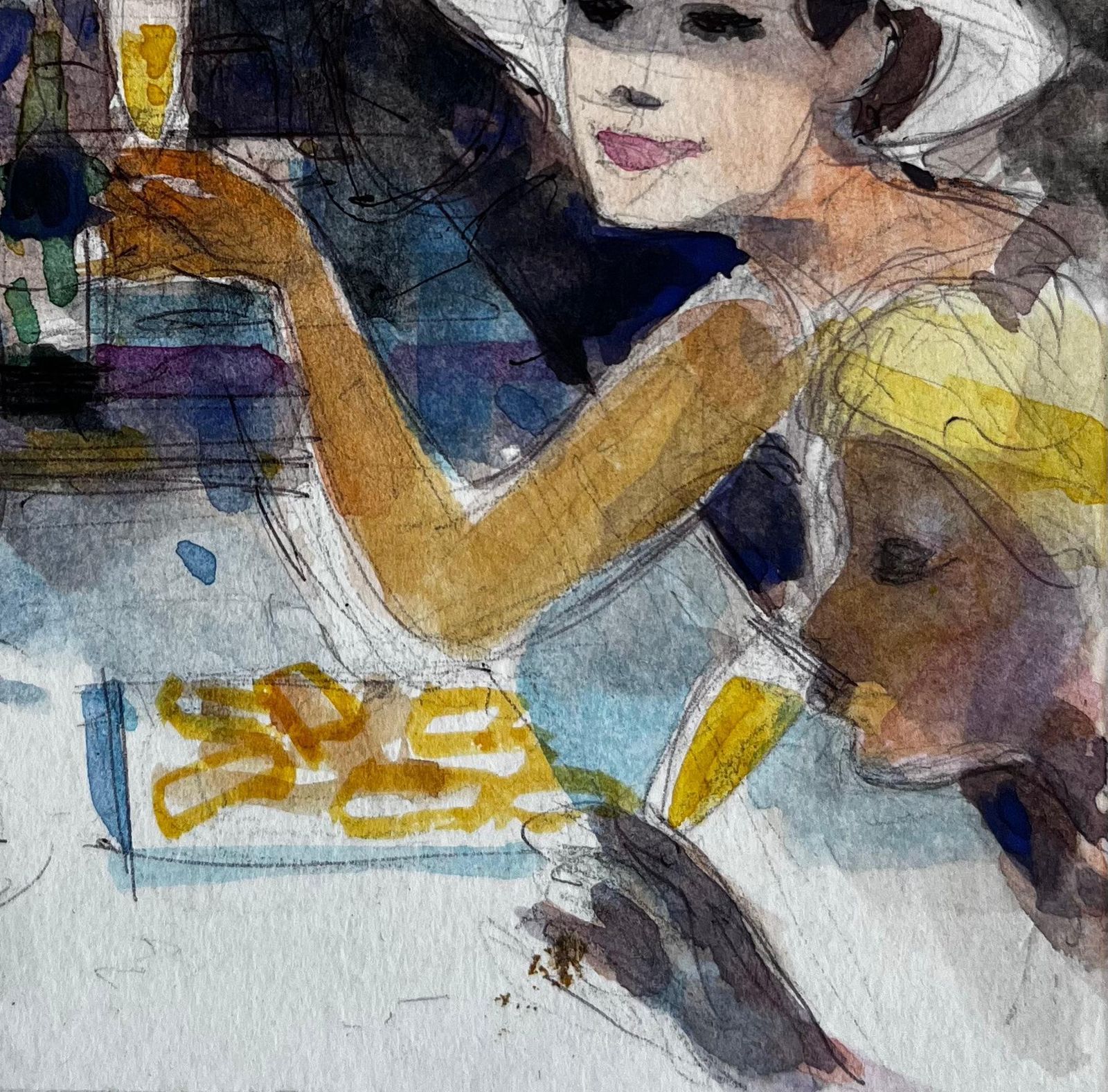 Pierre Neveumodern Cafe Scene With Figures Wine Bottles And White Hat French Watercolor photo Art