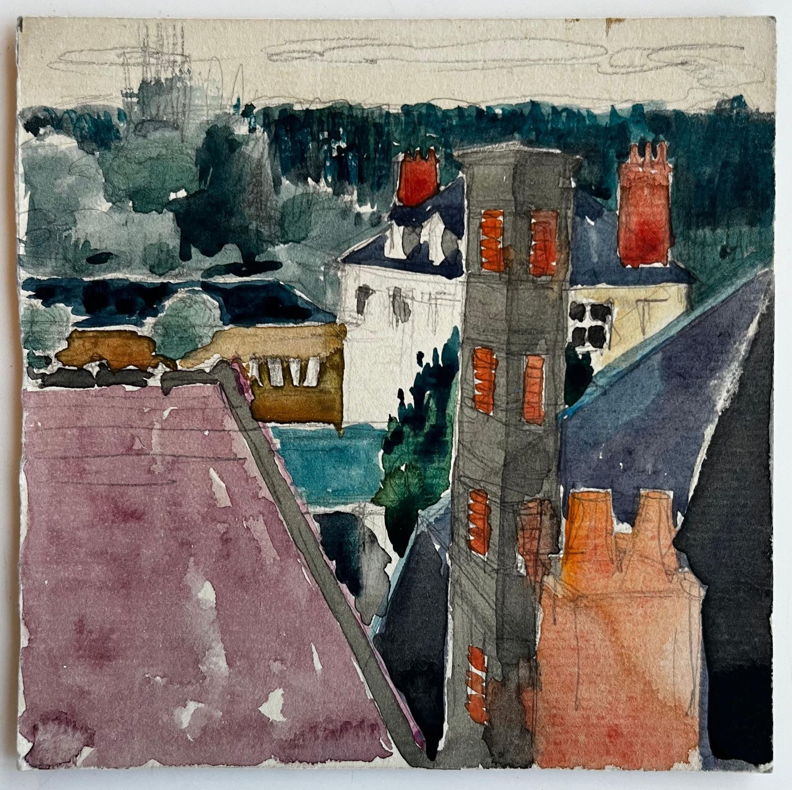 Pierre Neveufrench Rooftop Cityscape With Chimneys Modernist Watercolor Gouache photo furniture