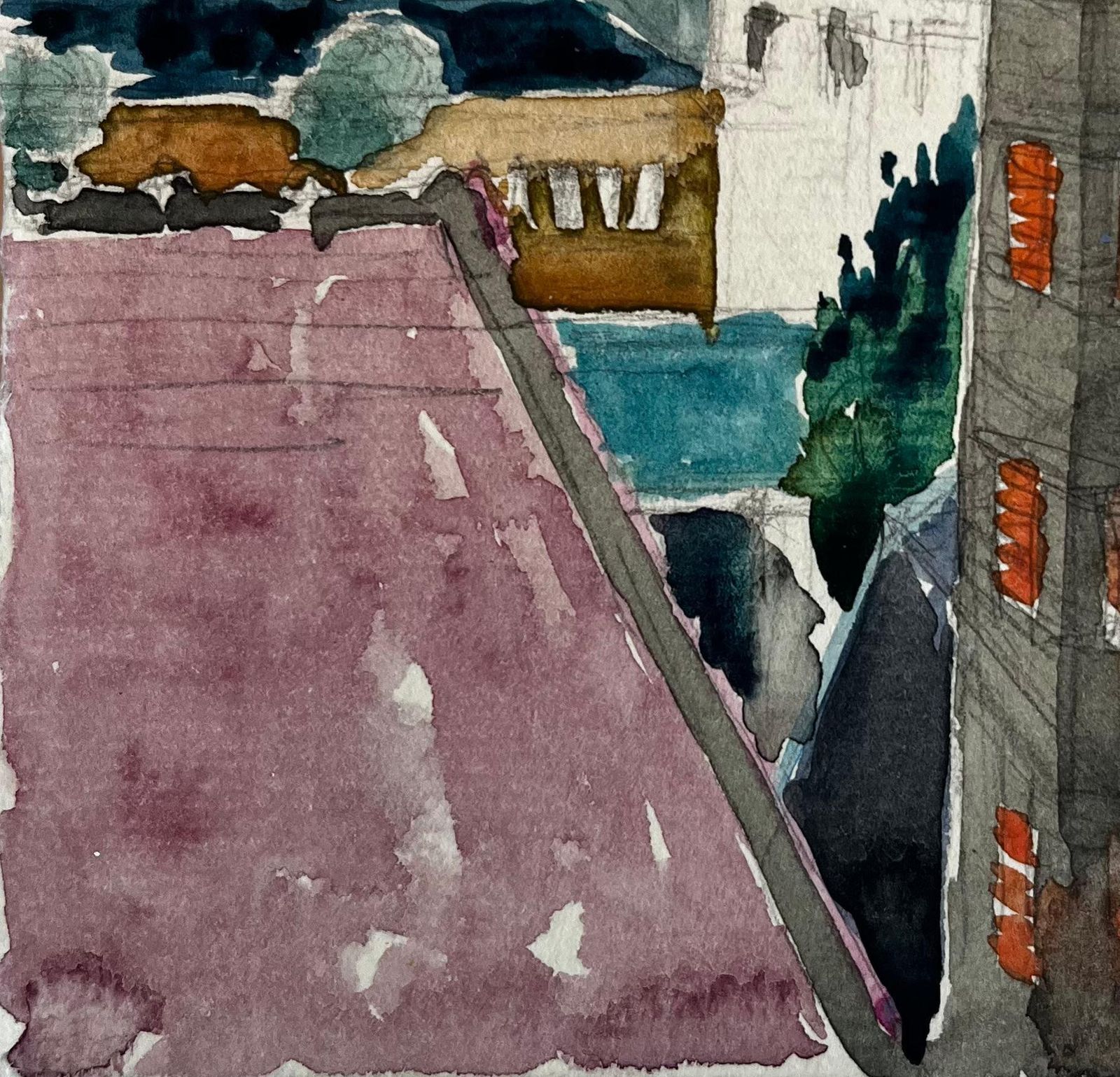 Pierre Neveufrench Rooftop Cityscape With Chimneys Modernist Watercolor Gouache photo 410.0