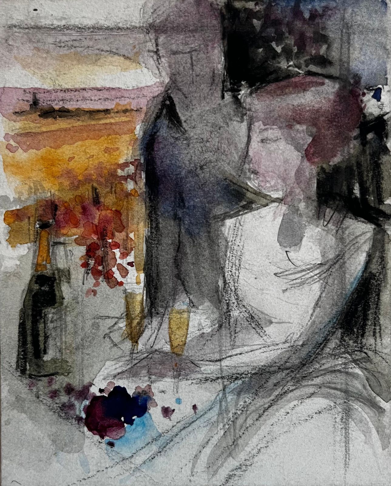 Pierre Neveuabstract Figurative Interior Still Life With Bottle Flowers And Seated Figure