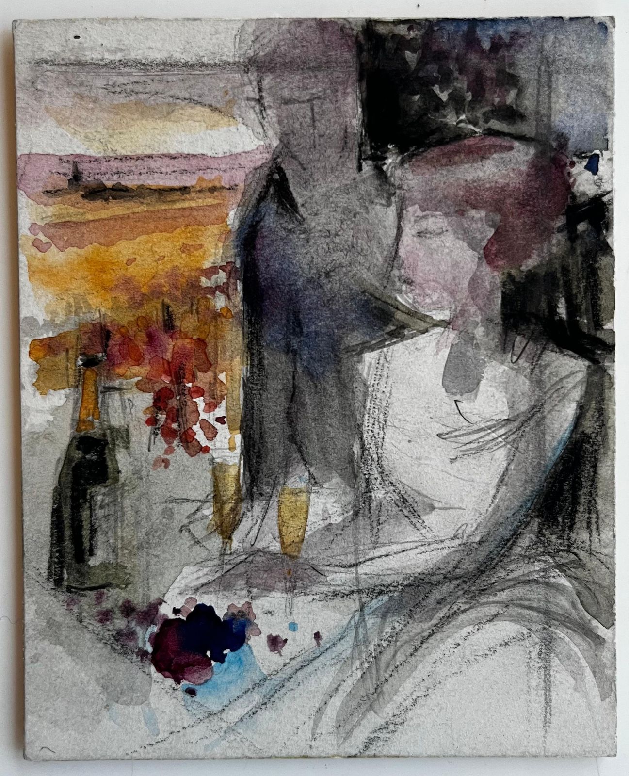 Pierre Neveuabstract Figurative Interior Still Life With Bottle Flowers And Seated Figure photo for sale