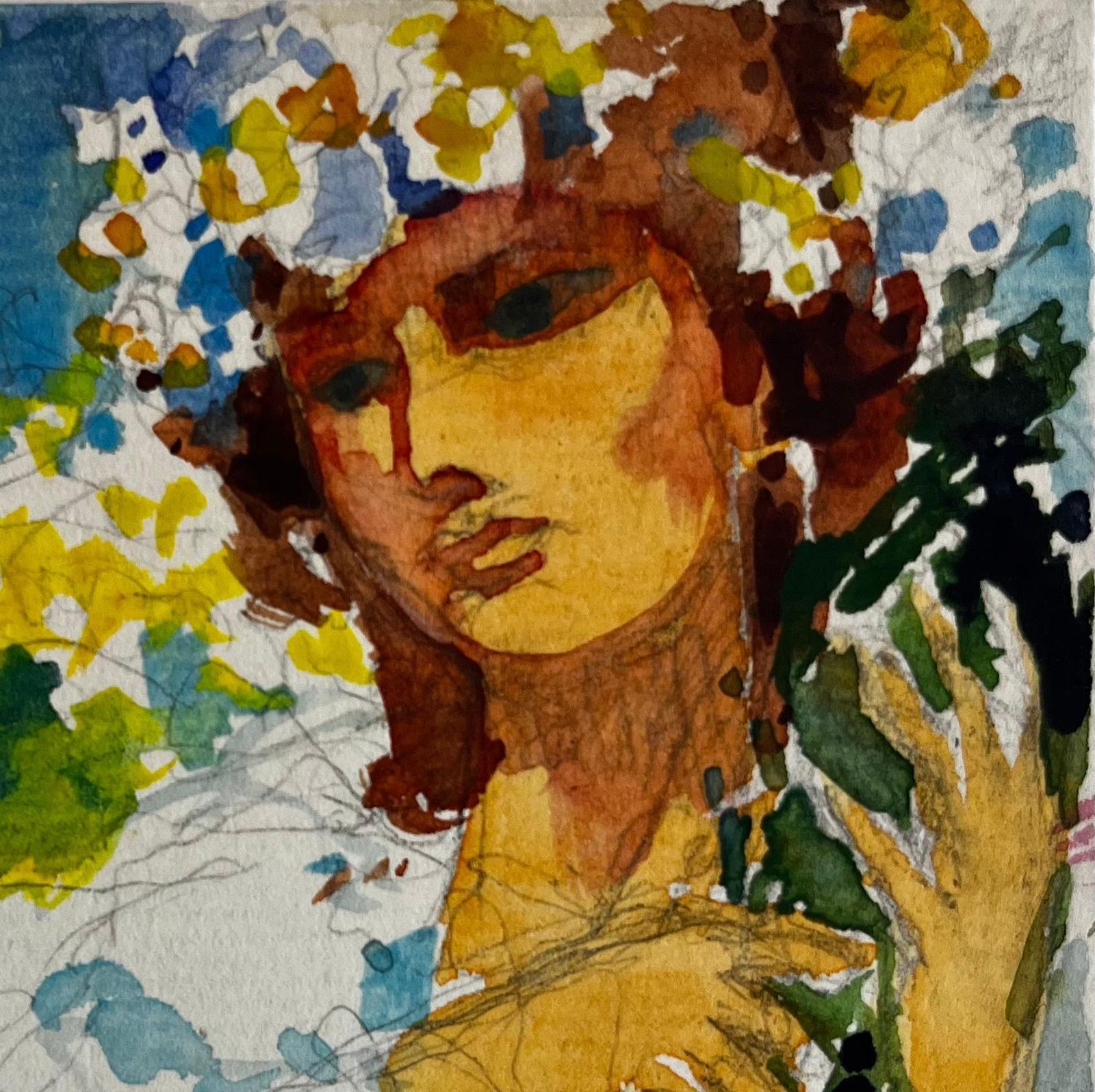 Pierre Neveuexpressive Female Portrait With Raised Hand French Modernist Watercolor Gouache photo for sale