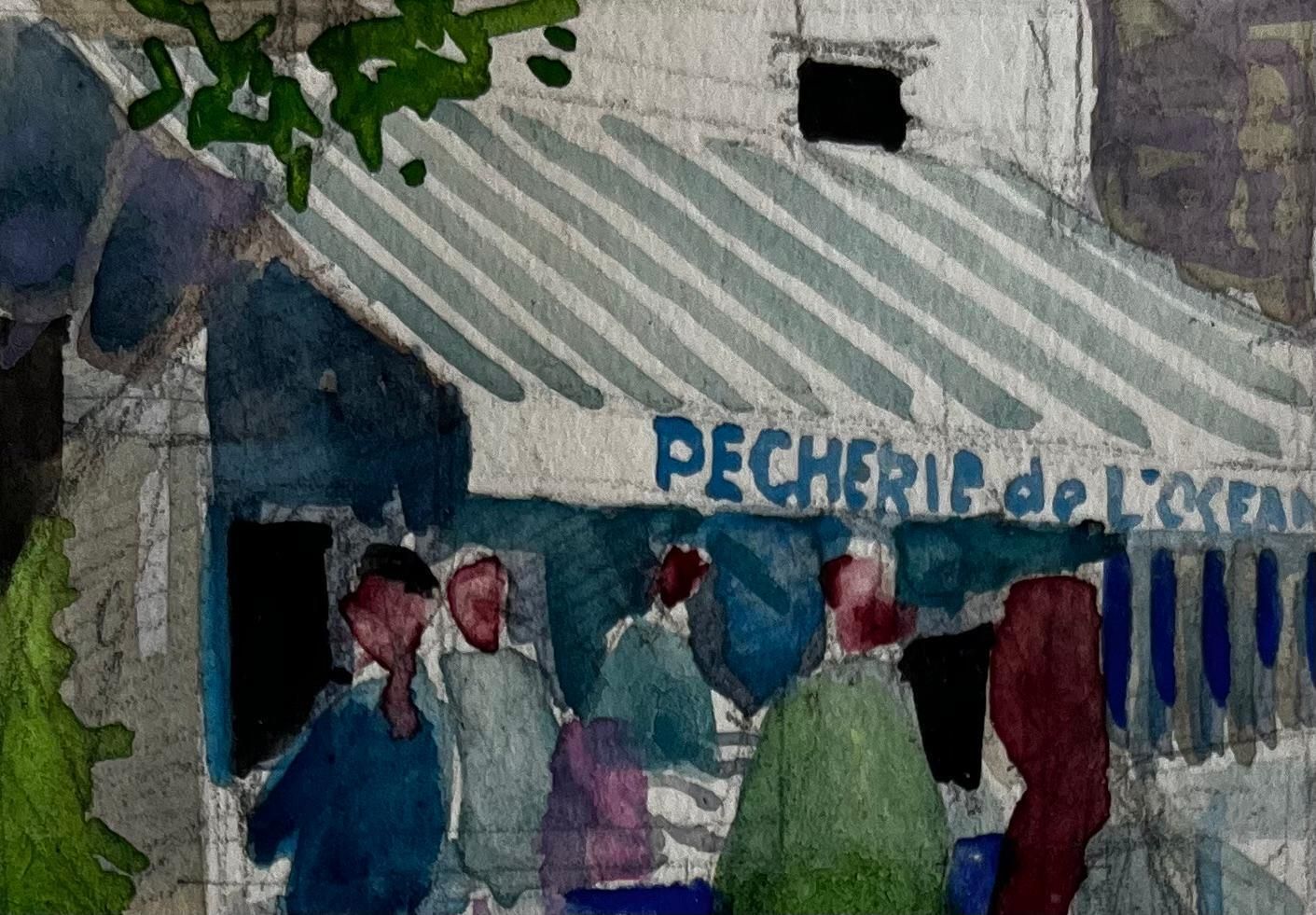 Pierre Neveupecherie De Locean French Market Scene With Figures Watercolor Gouache photo furniture