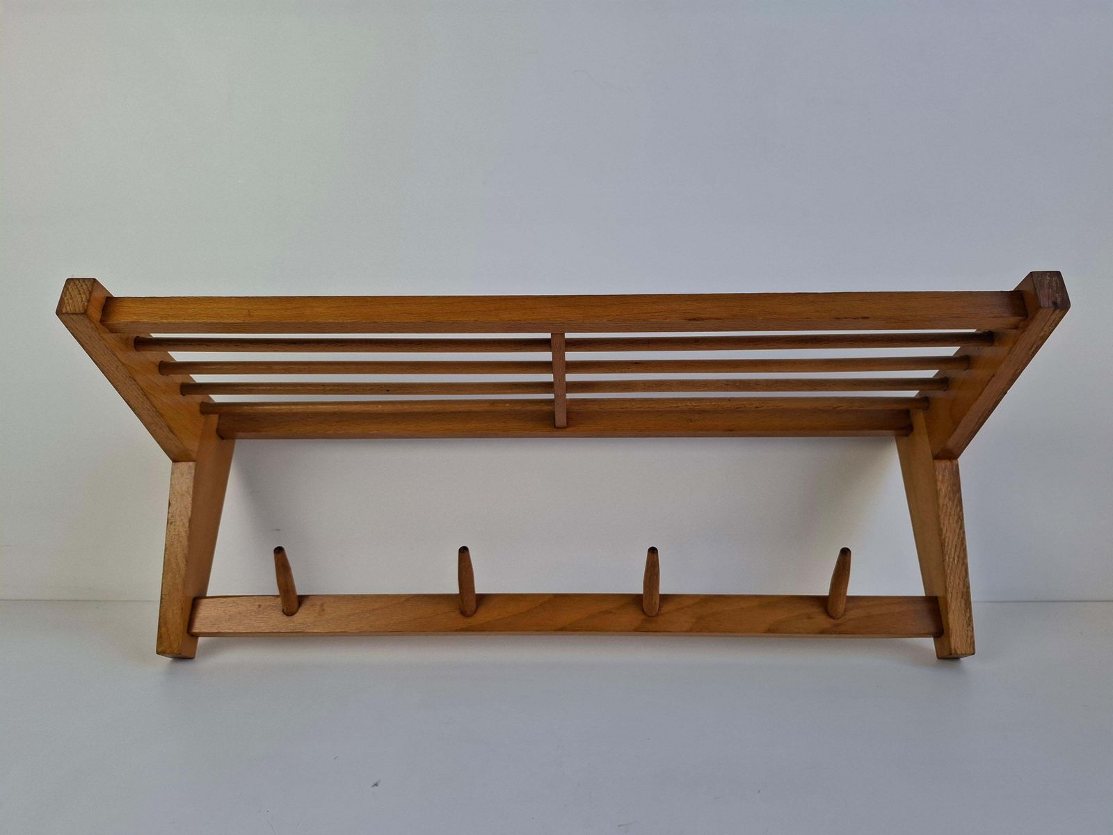 Midcentury Czechoslovak Wooden Wall Coat Rack With Shelf, Uluv Krasna Jizba, 70s photo furniture