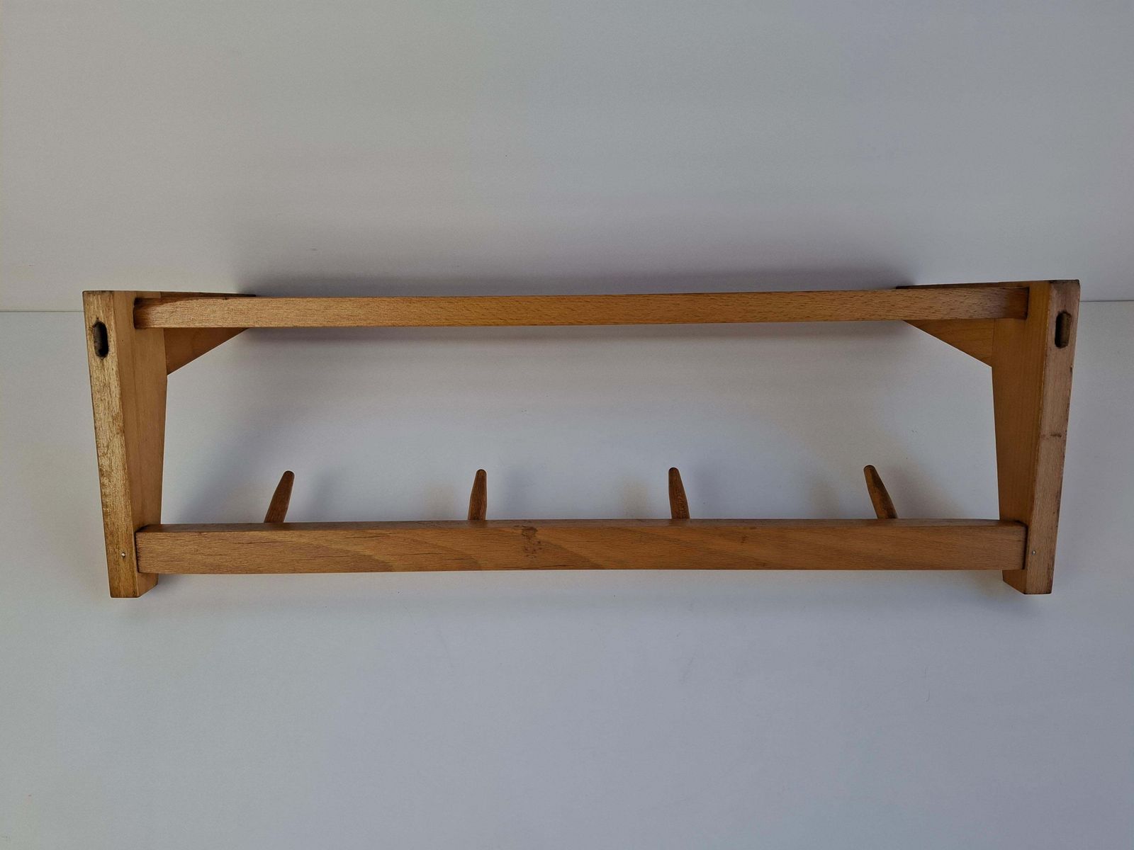 Midcentury Czechoslovak Wooden Wall Coat Rack With Shelf, Uluv Krasna Jizba, 70s photo vinterior