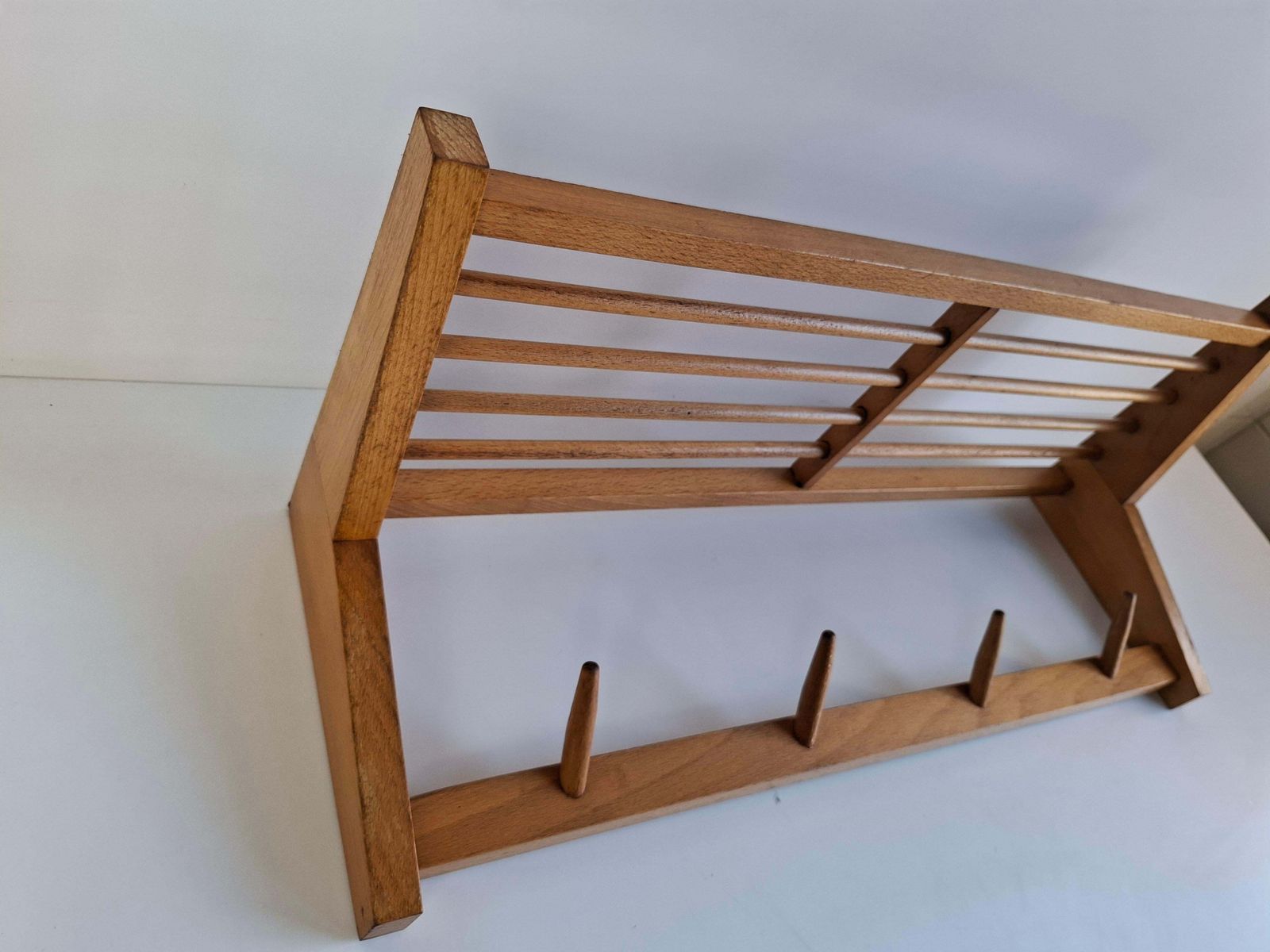 Midcentury Czechoslovak Wooden Wall Coat Rack With Shelf, Uluv Krasna Jizba, 70s photo vintage