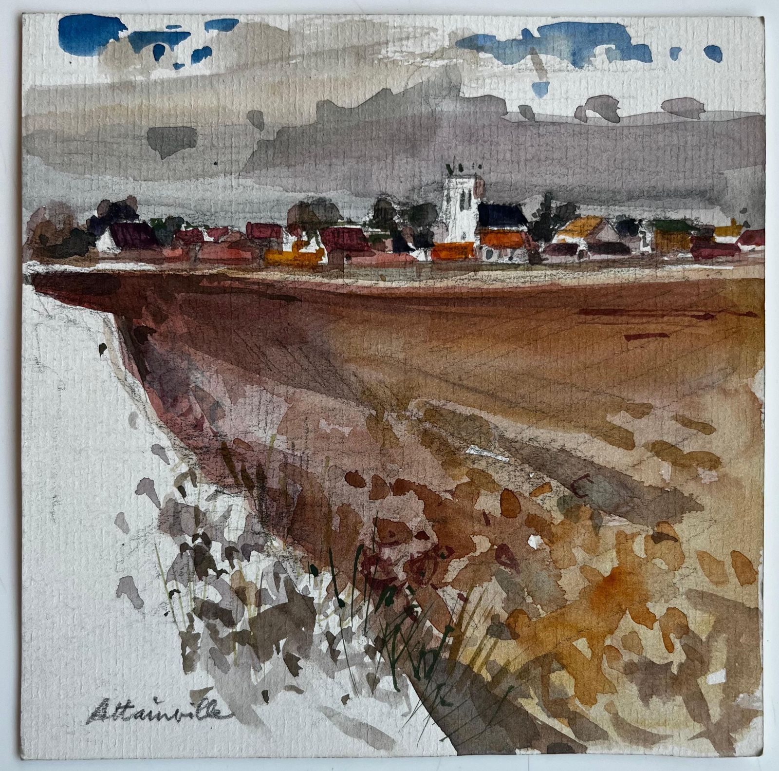 Pierre Neveuattainville French Coastal Village Cliff Landscape With Church Watercolor photo furniture