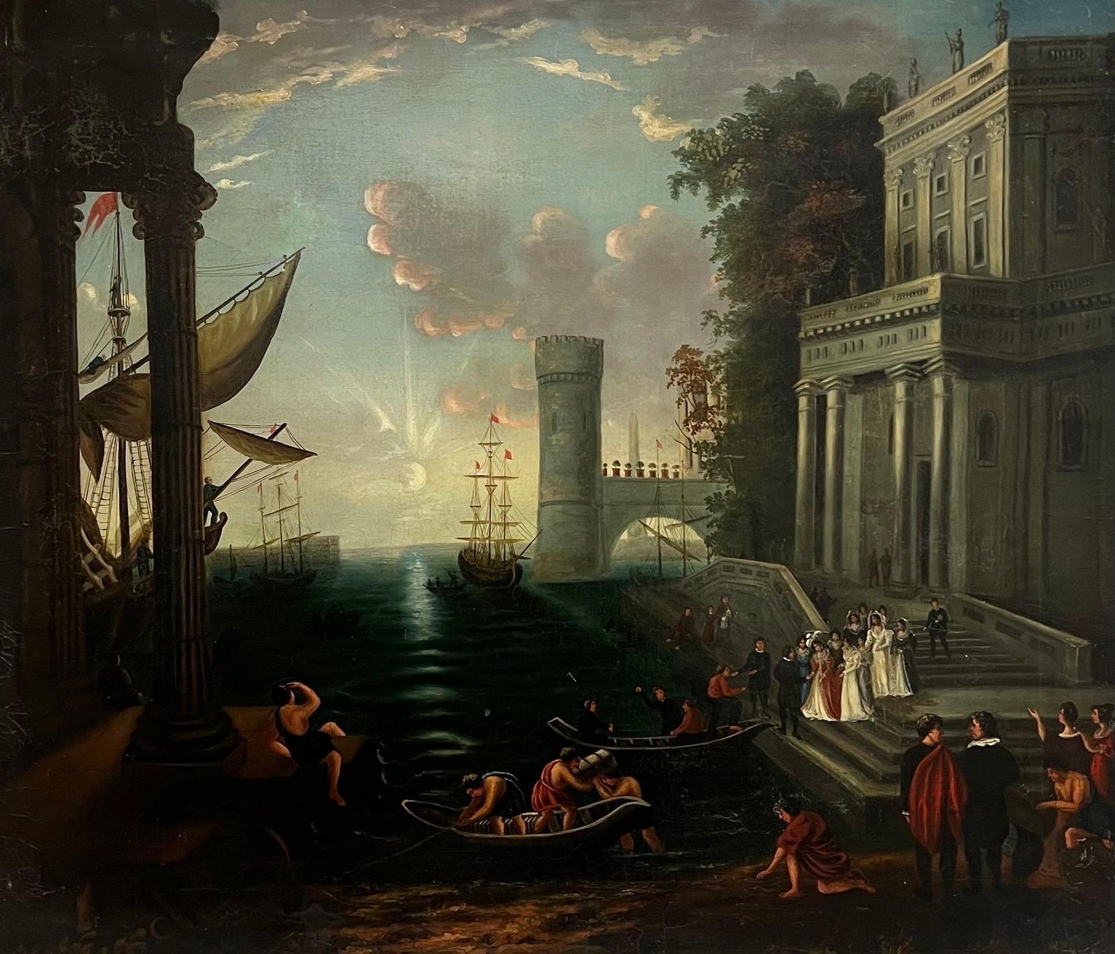 Fine Antique Classical Roman Landscape Figures Boats Merchant Port Ancient City1953 photo furniture
