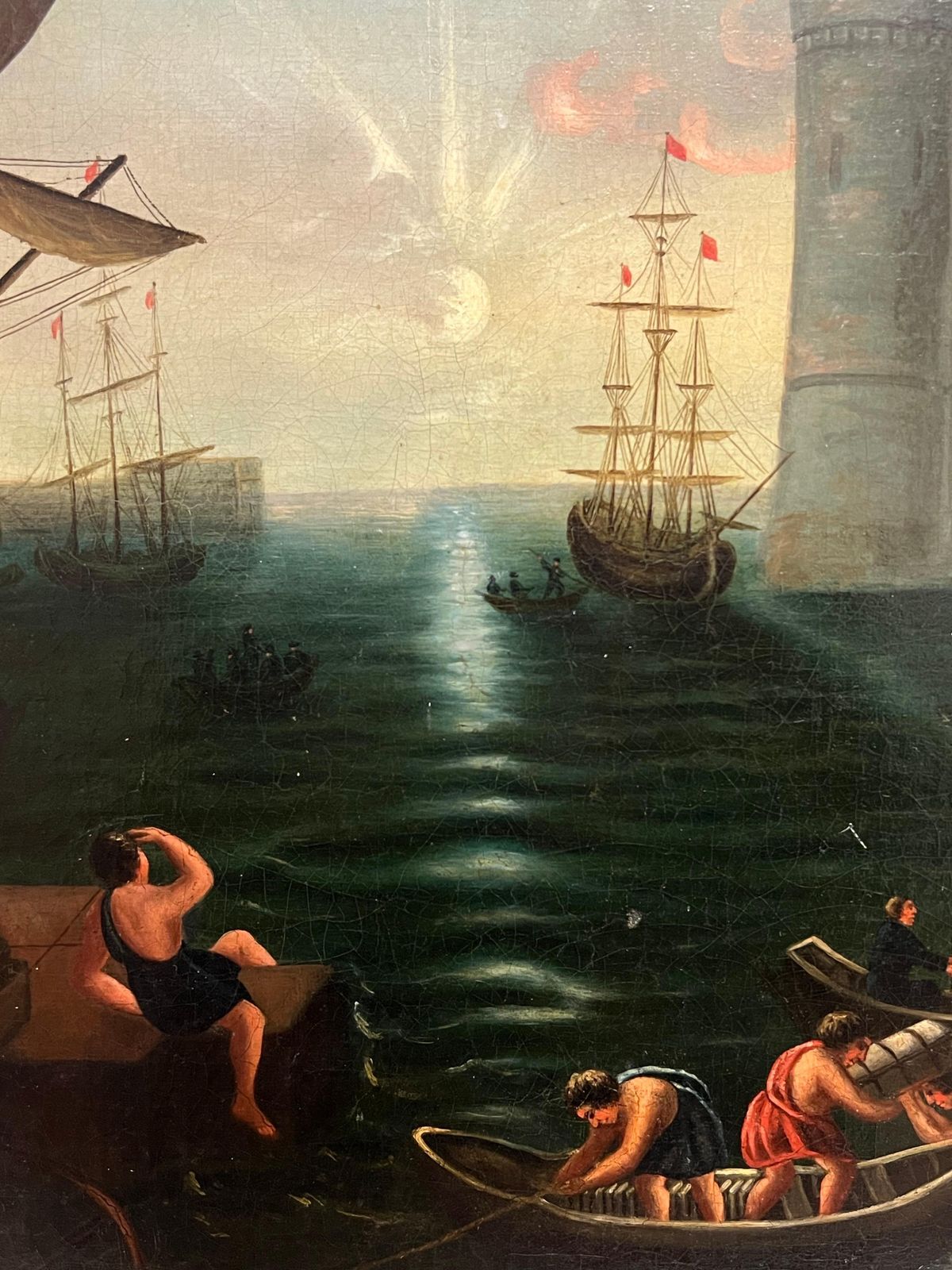 Fine Antique Classical Roman Landscape Figures Boats Merchant Port Ancient City1953 photo vintage