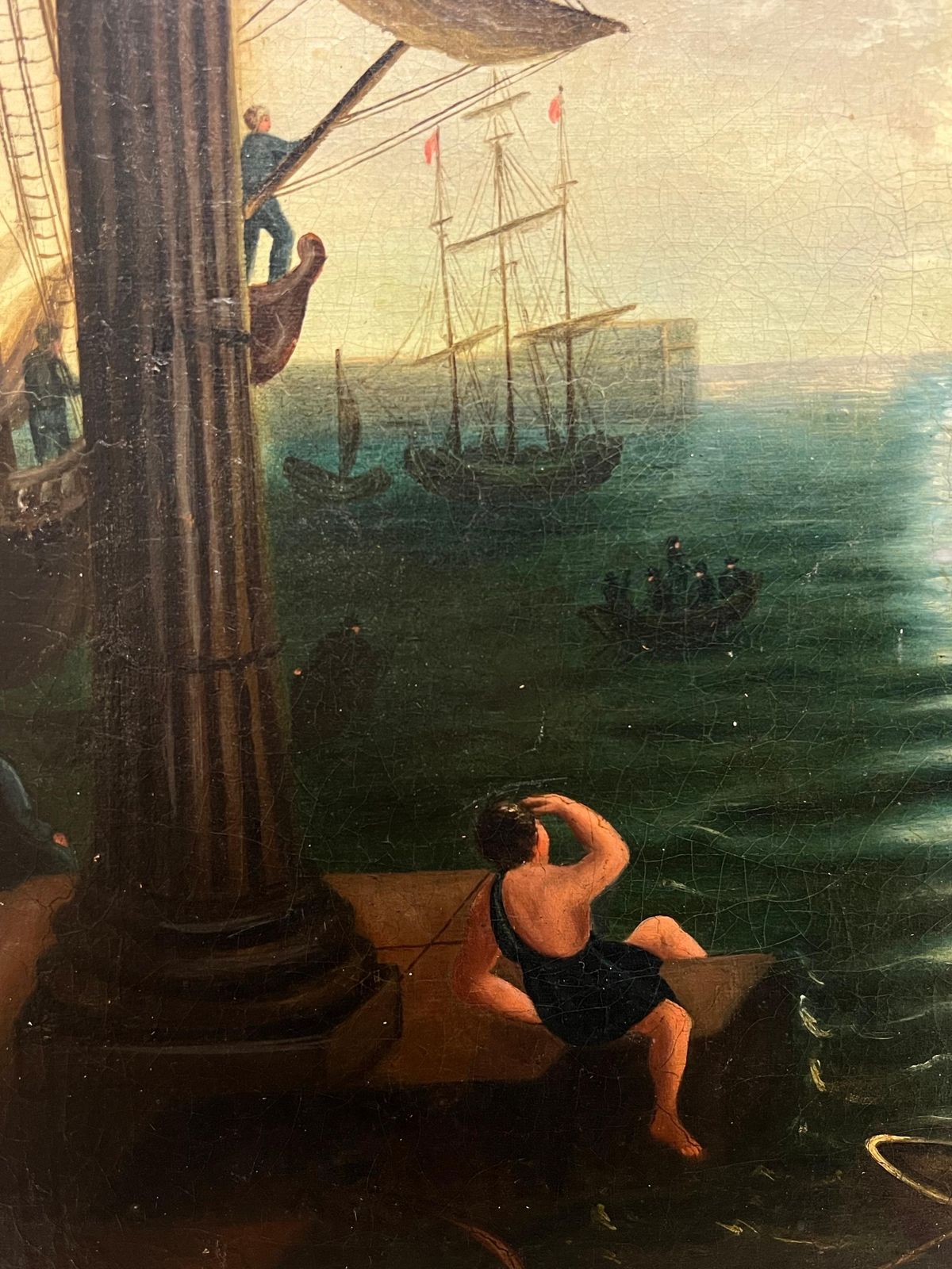 photo for sale Fine Antique Classical Roman Landscape Figures Boats Merchant Port Ancient City1953