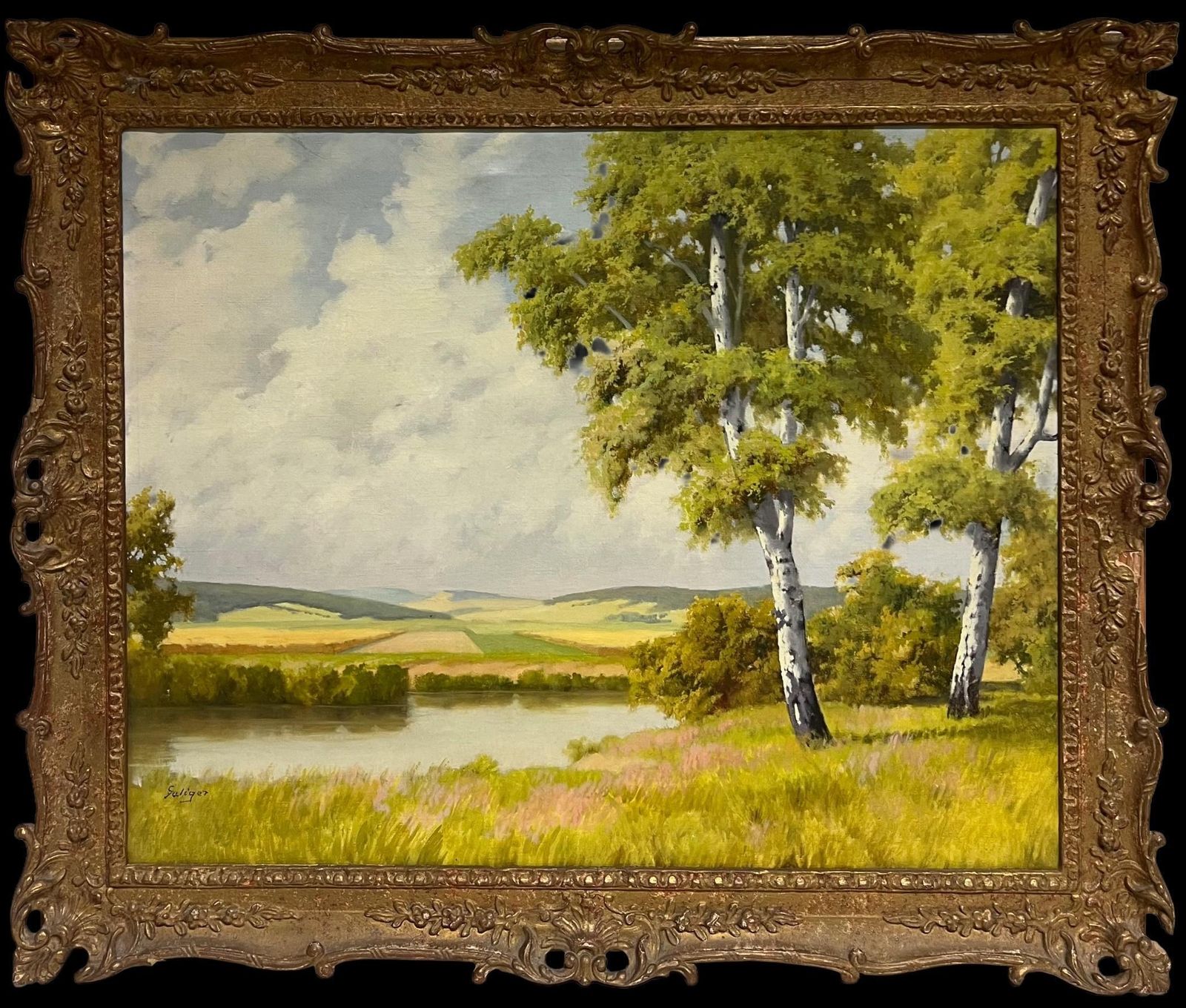 Continental Mid 20th Centurylarge Mid 20th Century European Signed Oil Painting Golden Green Meadows1953