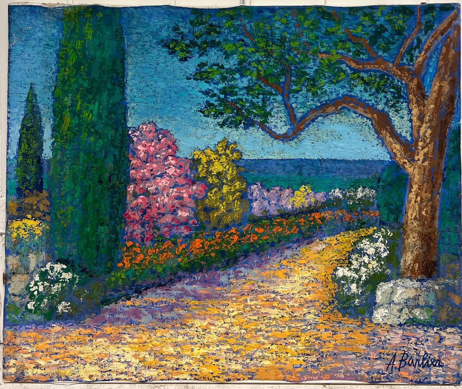French Post Impressionistfine 1970's French Post Impressionist Signed Oil Flower Garden Cote D' Azur1953 photo furniture