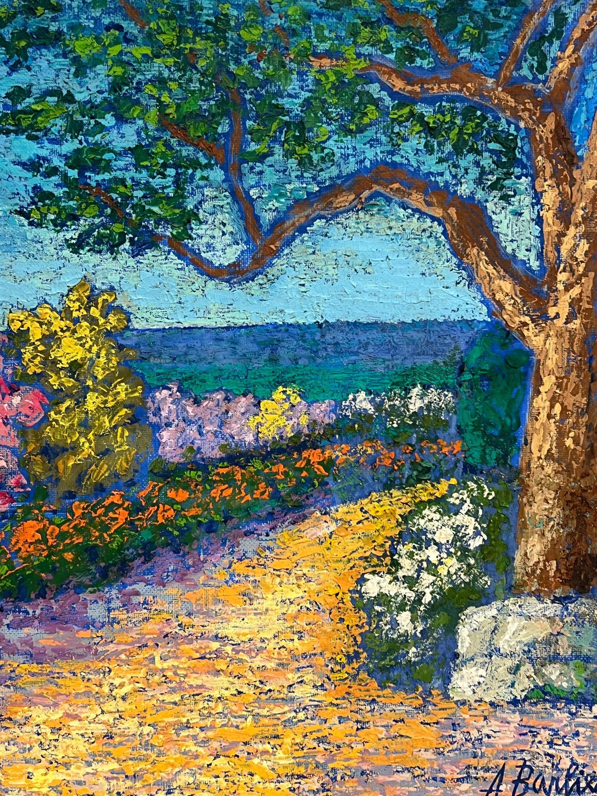 French Post Impressionistfine 1970's French Post Impressionist Signed Oil Flower Garden Cote D' Azur1953 photo 1320.0