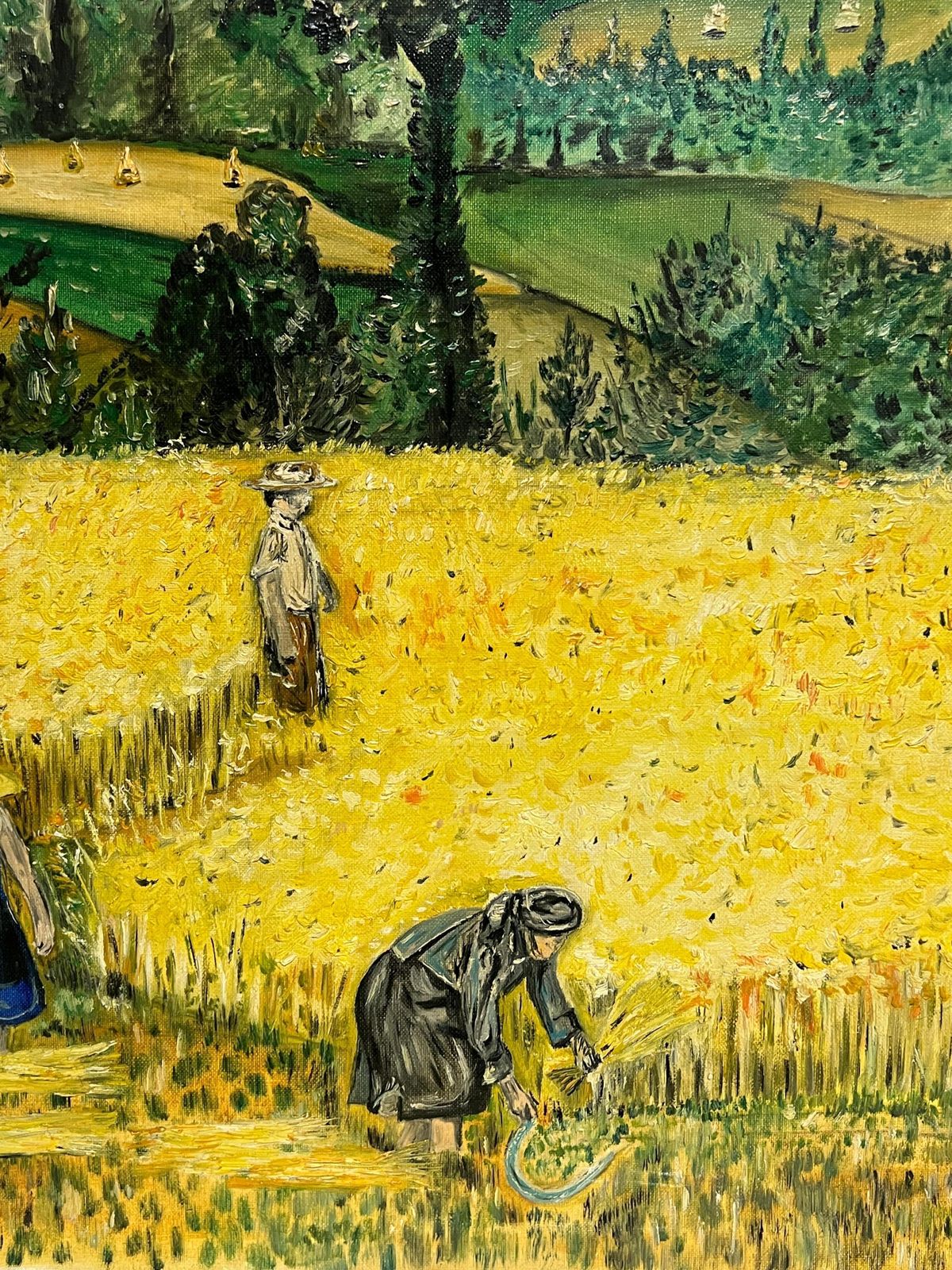 French Post Impressionistlarge 1970's French Post Impressionist Signed Oil Figures In Wheat Field Harvest1977 photo for sale