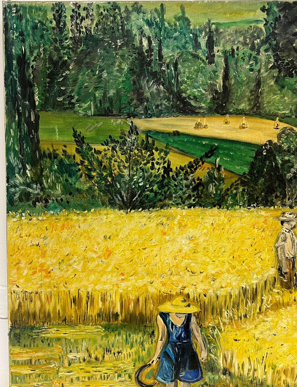 French Post Impressionistlarge 1970's French Post Impressionist Signed Oil Figures In Wheat Field Harvest1977 photo vinterior