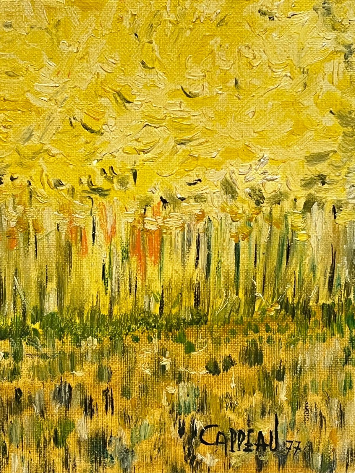 photo for sale French Post Impressionistlarge 1970's French Post Impressionist Signed Oil Figures In Wheat Field Harvest1977