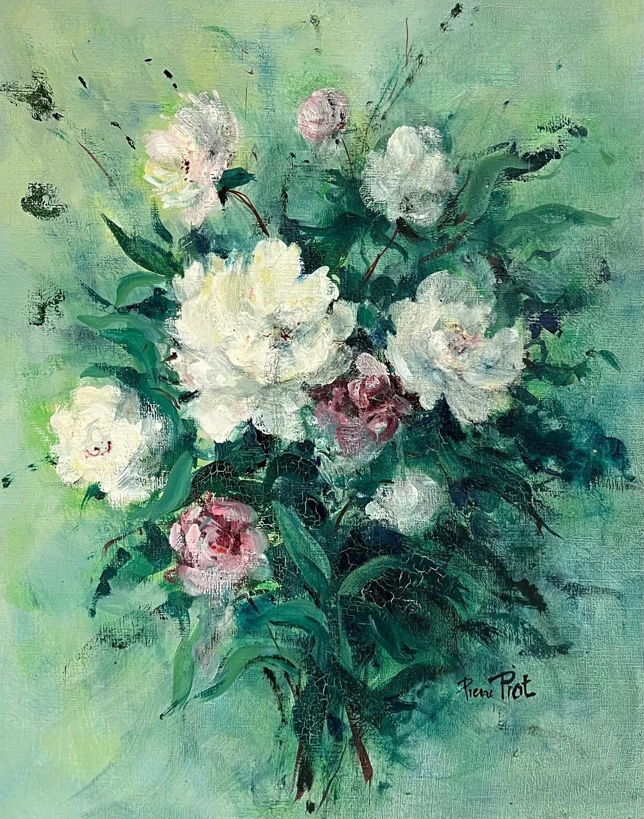 Pierre Piot (1921 1998)large 20th Century French Impressionist Oil Still Life Flowers photo furniture